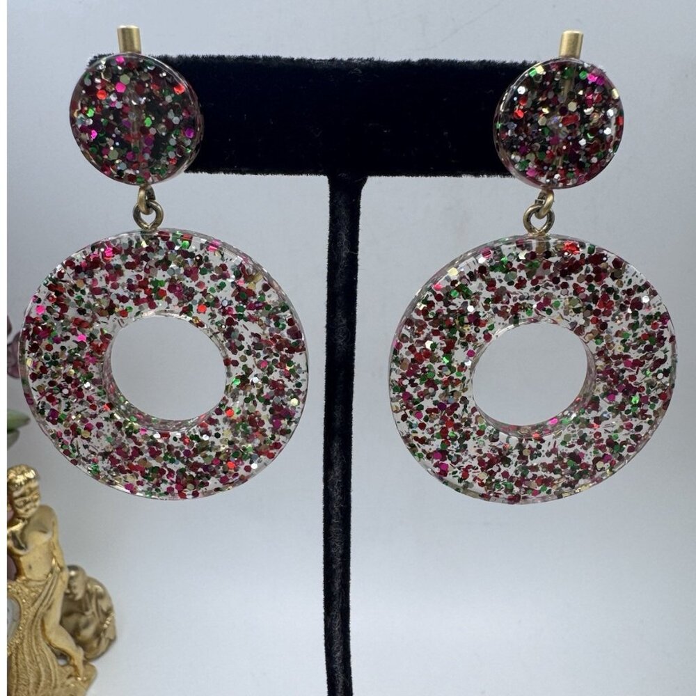 FASHION ACRYLIC CONFETTI ROUND RAINBOW DANGLE PIERCED EARRINGS